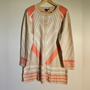 NWOT 2X longline cardigan Sweater tan orange Geometric Button Up Pockets Artsy